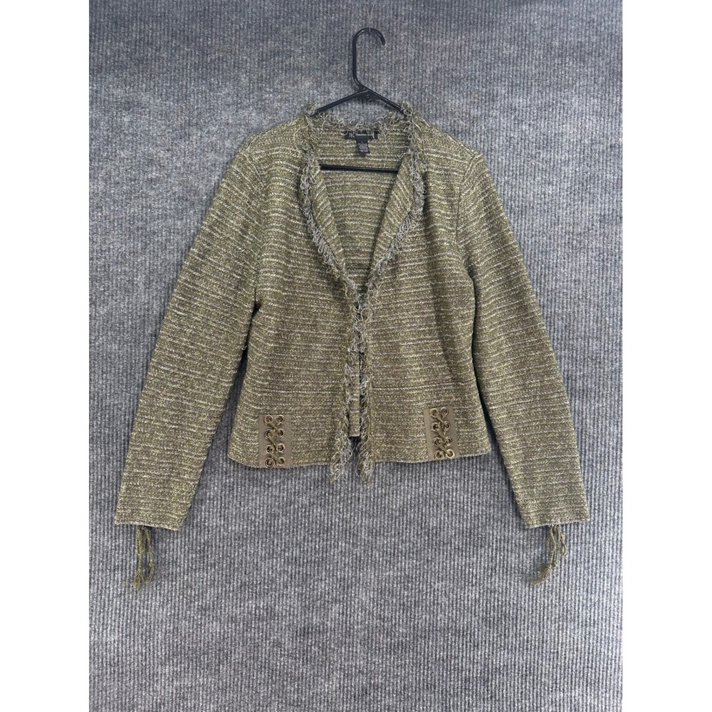 INC Cardigan Womens Large Gold Metallic Knit Excellent Lace Up Fringe Jacket